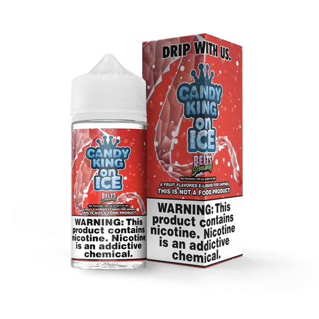 Candy King ON ICE - Strawberry Belts – 100mL e-liquid with strawberry candy, sour sugar, and menthol.