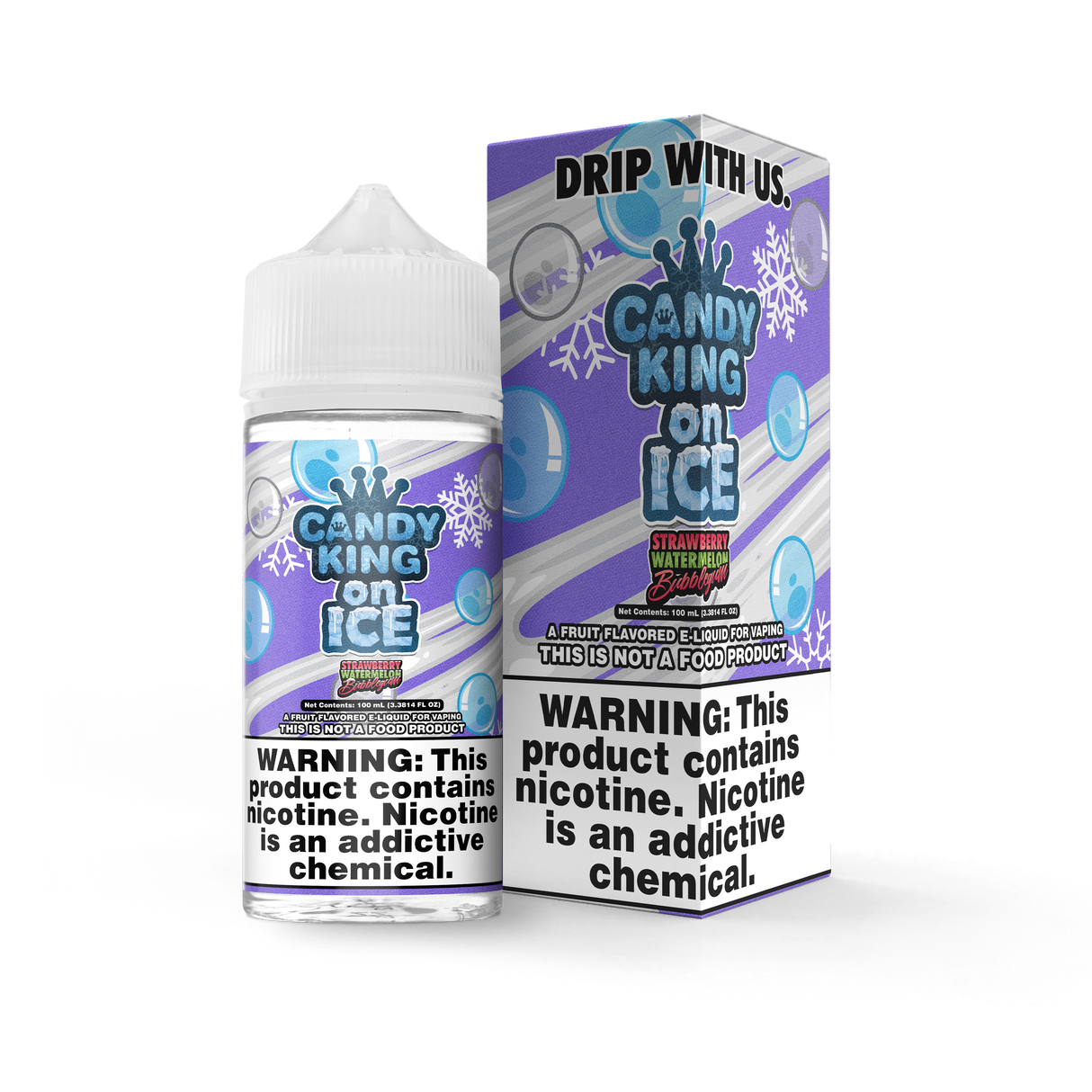 Candy King ON ICE - Strawberry Watermelon Bubblegum – 100mL e-liquid with sweet strawberry, watermelon, bubblegum, and menthol.