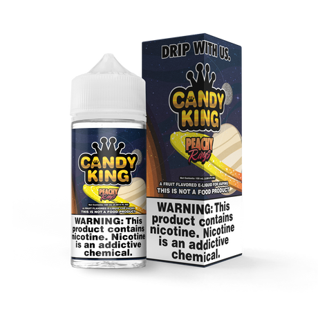 Candy King Peachy Rings 100mL e-liquid bottle featuring a sweet-and-sour peach gummy candy flavor profile.