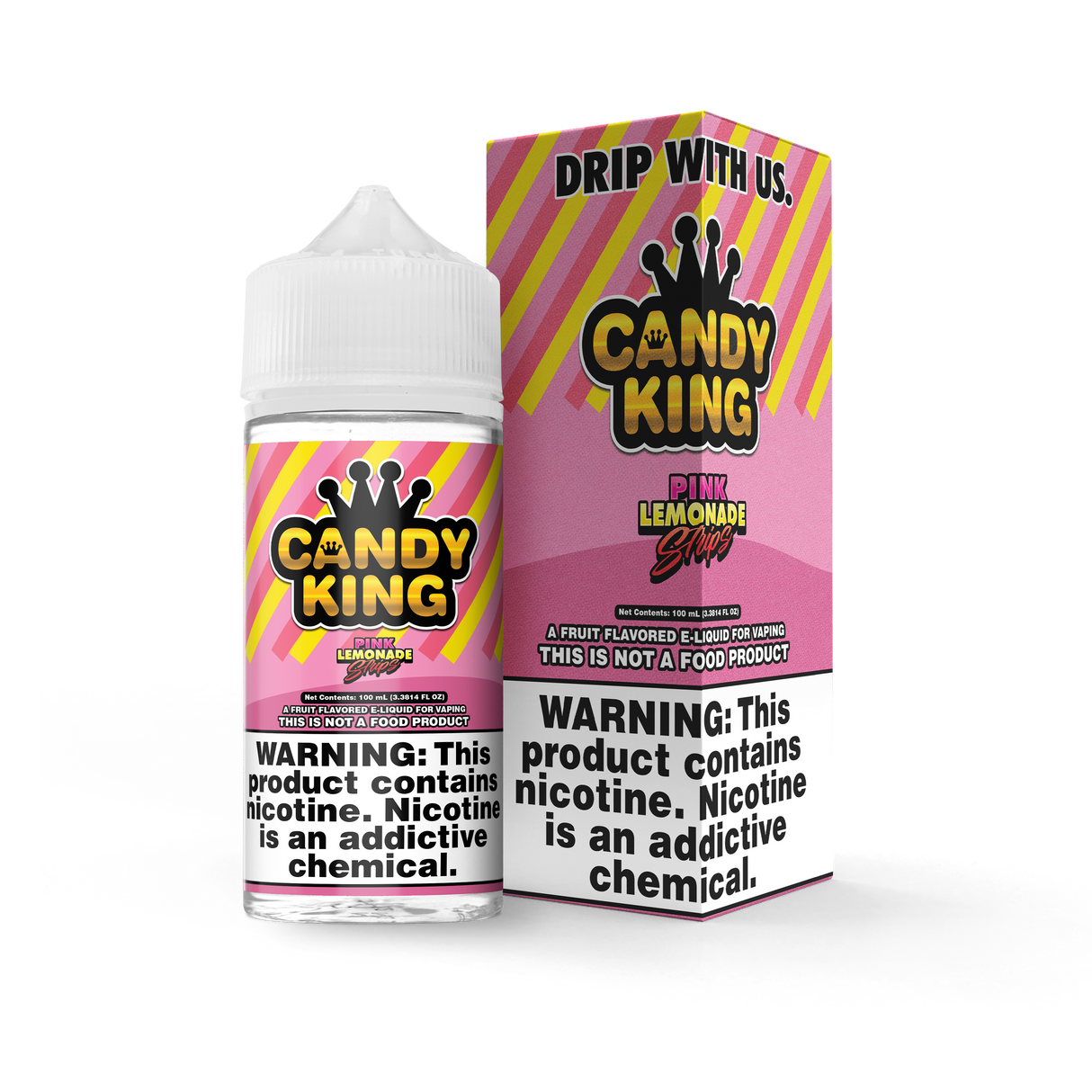 Candy King Pink Lemonade Strips 100mL e-liquid bottle featuring a zesty and tangy pink lemonade candy flavor.