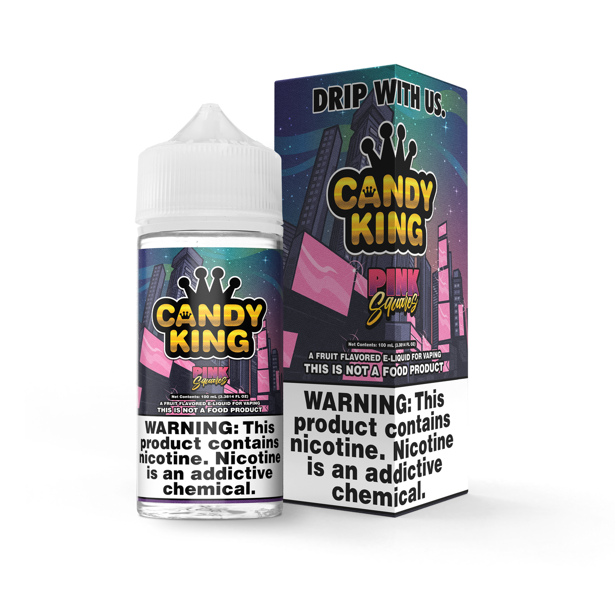 Candy King Pink Squares 100mL e-liquid bottle featuring a sweet and fruity chewy candy flavor profile.
