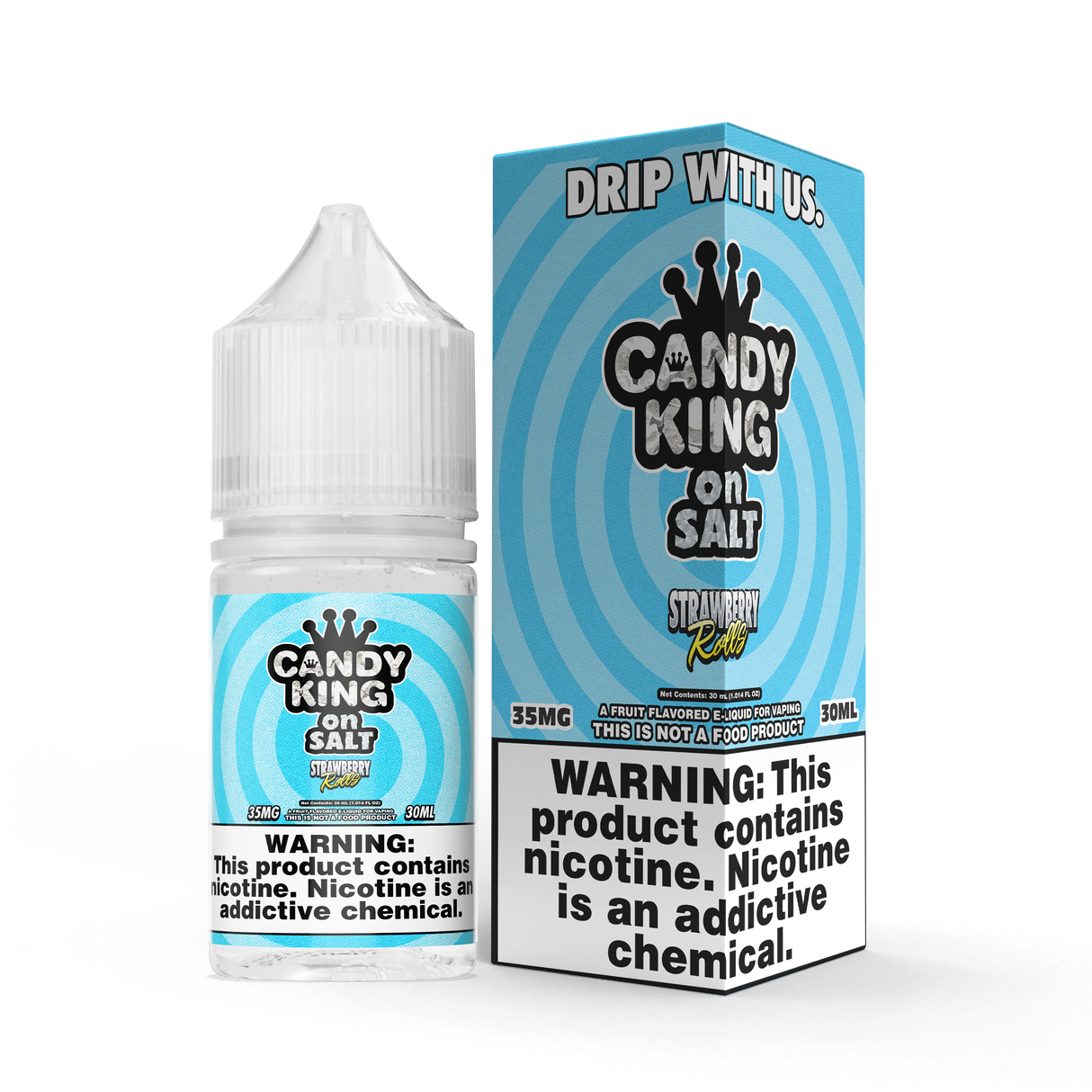 Candy King Salt – Strawberry Rolls 30mL nicotine salt with sweet & tangy strawberry candy flavor, 50/50 VG/PG, 35 mg or 50 mg nicotine.
