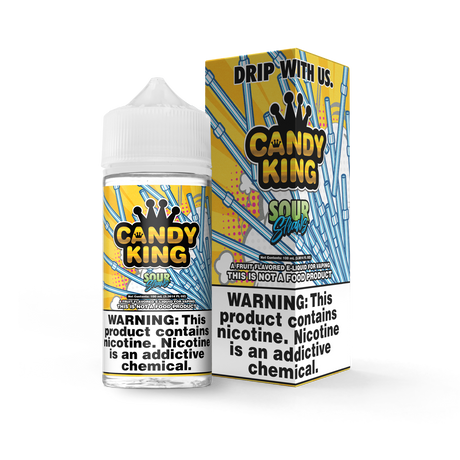 Candy King Sour Straws 100mL e-liquid bottle featuring a tangy blue raspberry candy flavor profile.