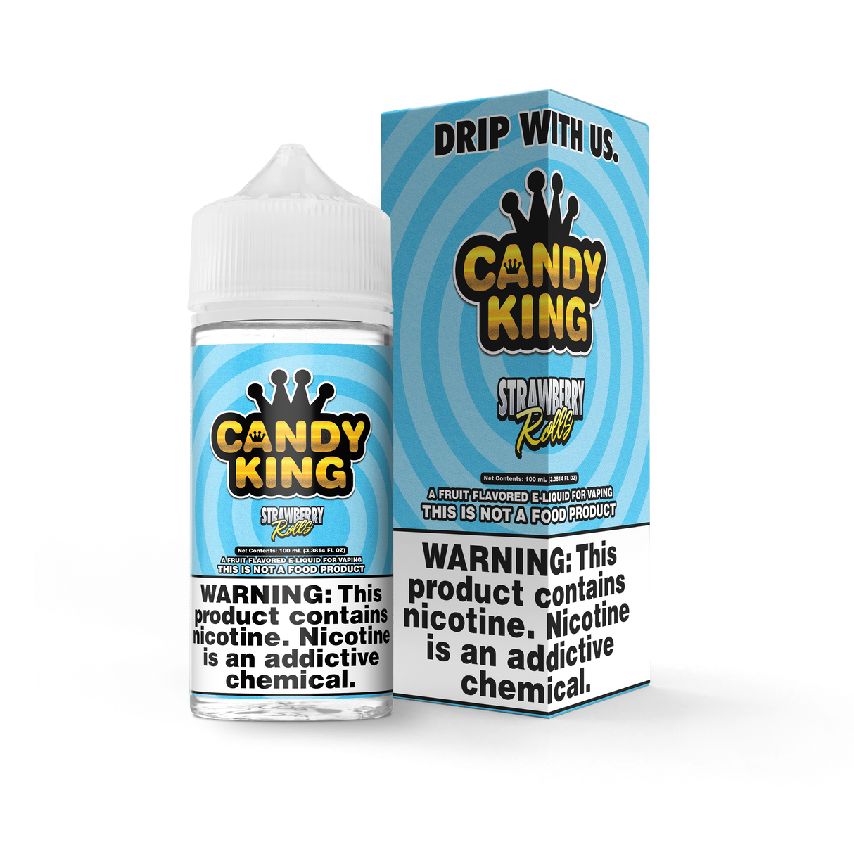 Candy King Strawberry Rolls 100mL e-liquid bottle featuring the sweet and tangy flavor of strawberry fruit rolls.