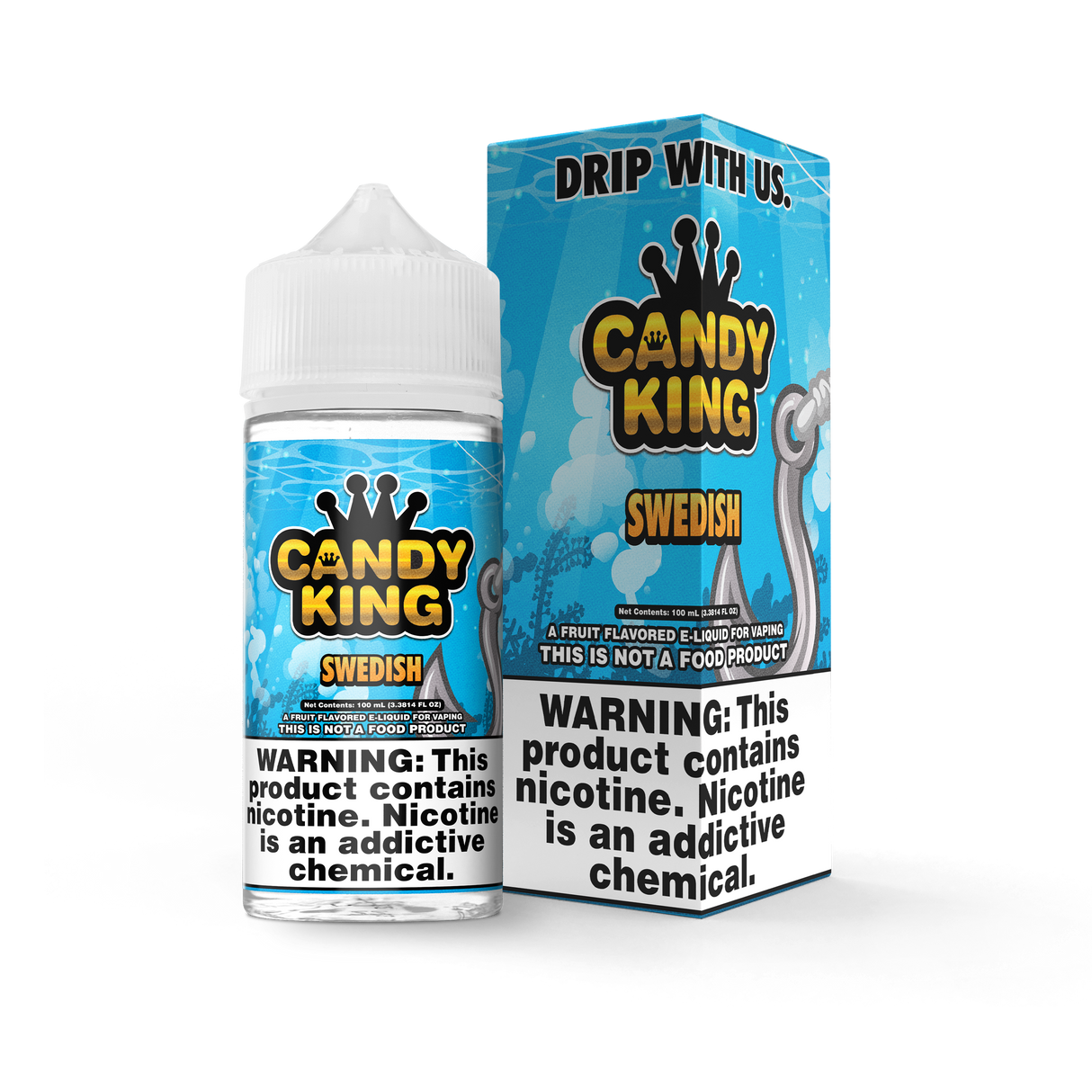 Candy King Swedish 100mL e-liquid bottle featuring a sweet and fruity strawberry candy flavor profile.