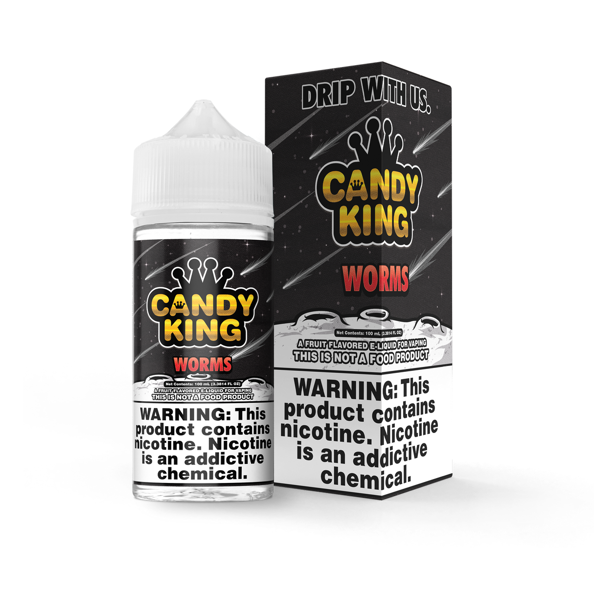 Candy King Worms 100mL e-liquid bottle featuring a sweet-and-sour gummy candy flavor profile with fruity citrus notes.