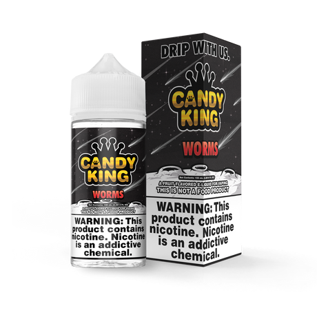 Candy King Worms 100mL e-liquid bottle featuring a sweet-and-sour gummy candy flavor profile with fruity citrus notes.