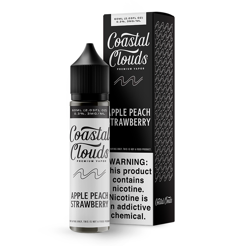 Coastal Clouds Apple Peach Strawberry 60ML vape juice bottle with apple, peach, and strawberry flavor