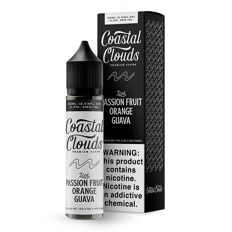 Coastal Clouds Iced Passion Fruit Orange Guava 60mL E-Liquid featuring passion fruits, oranges, sweet guavas, and icy menthol in a 70/30 VG/PG blend.