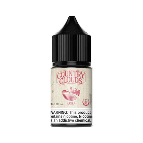 Country Clouds SALT Strawberry Cornbread Pudding E-Liquid featuring strawberries, cornbread pudding, and vanilla cream in a 30mL unicorn bottle.