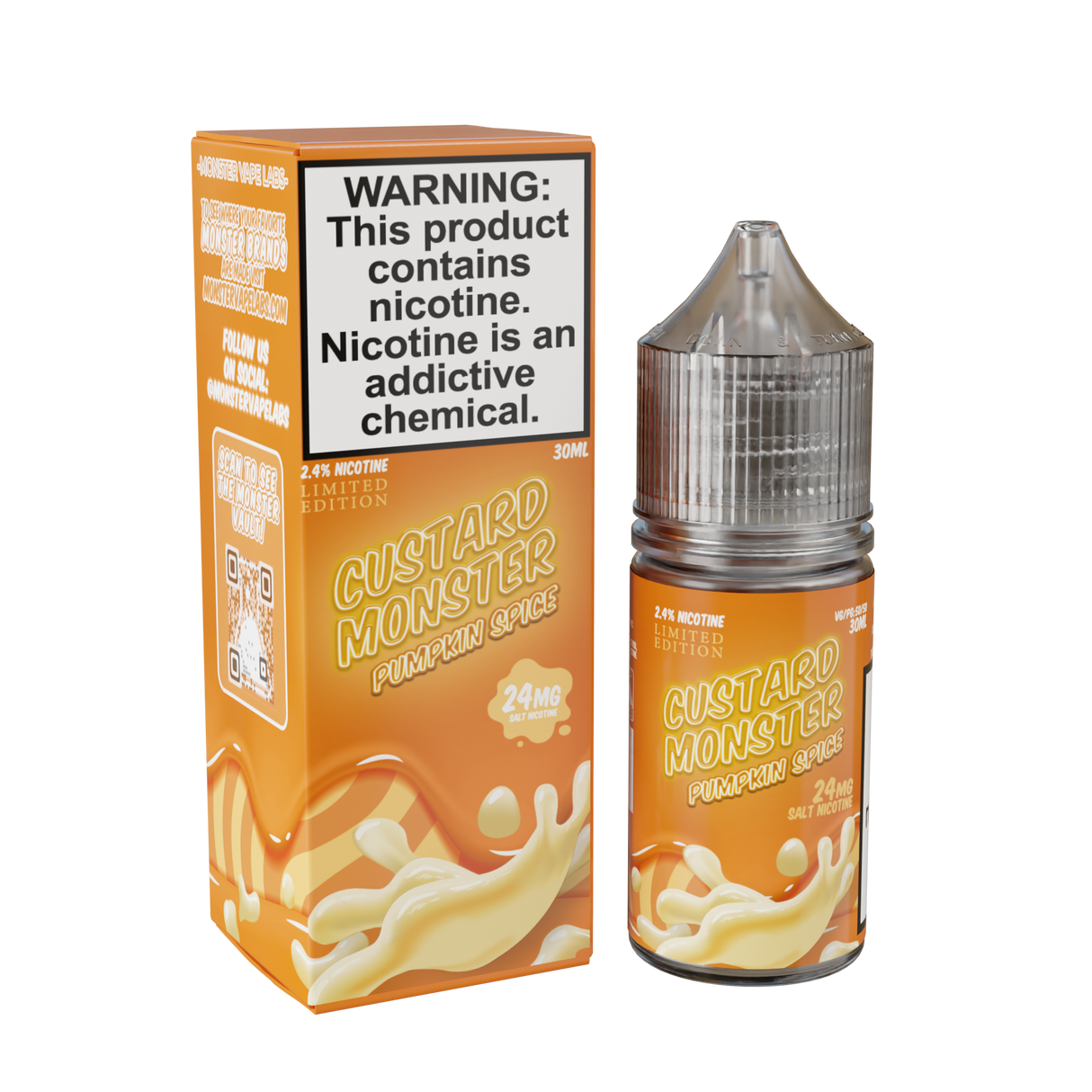 Custard Monster Salt – Pumpkin Spice – 30mL nicotine salt e-liquid with warm pumpkin spice and creamy vanilla custard flavor.