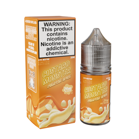 Custard Monster Salt – Pumpkin Spice – 30mL nicotine salt e-liquid with warm pumpkin spice and creamy vanilla custard flavor.