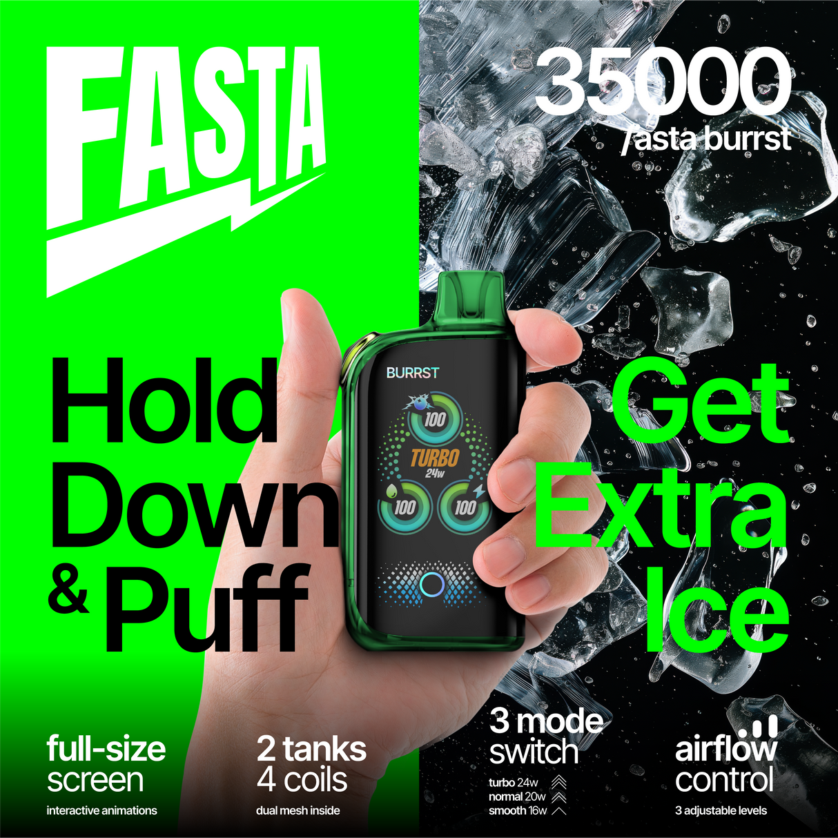 FASTA Burrst 35000 Puff Disposable Device featuring flavor-changing technology, dual tanks, and advanced features for ultimate customization.