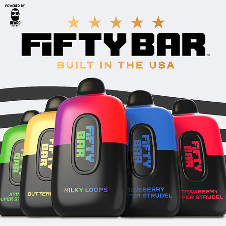 FIFTY BAR Black Series Disposable – 20,000 puff device with BEARD VAPE Co. flavors.