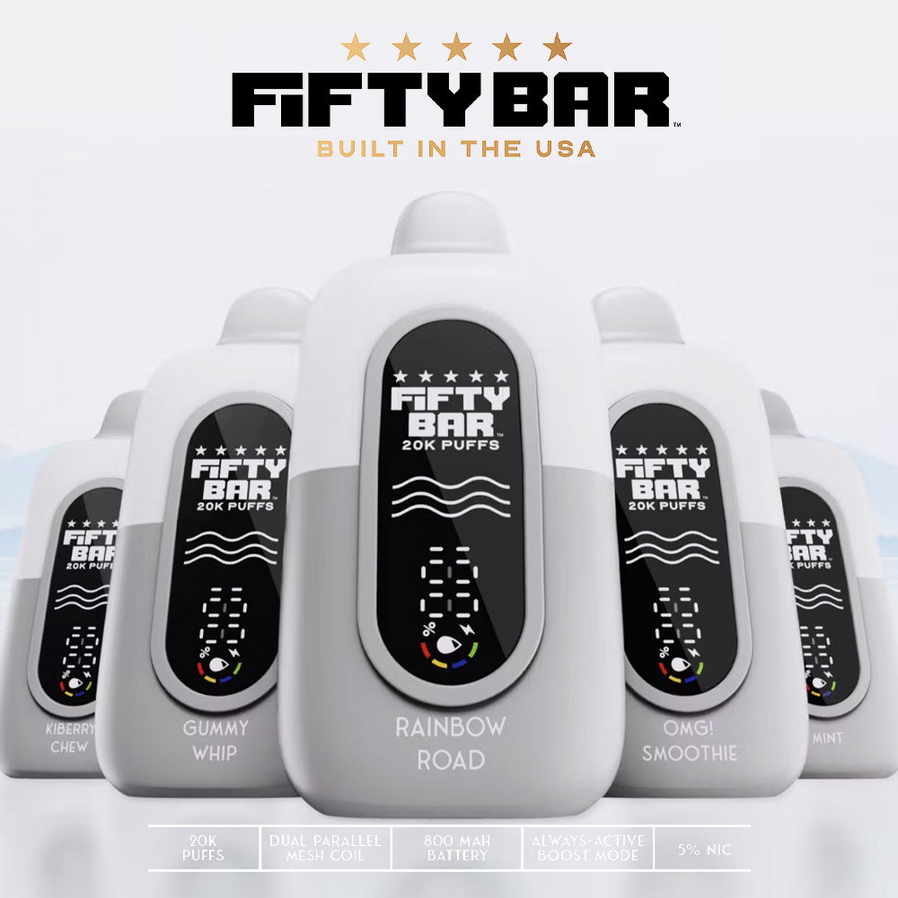 FIFTY BAR White Series – 20,000 puff disposable with fruity, mint, and candy-inspired flavors.