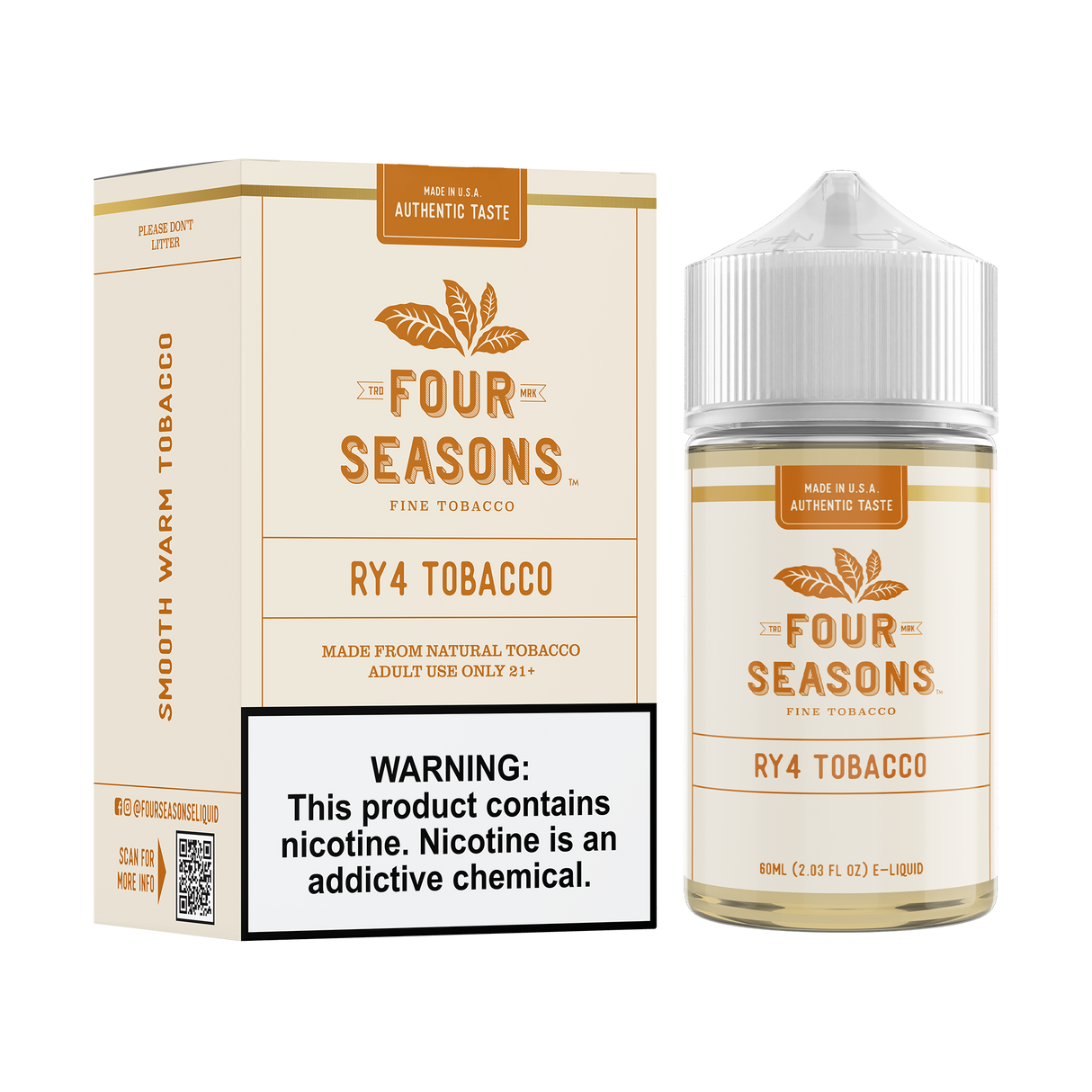 FOUR SEASONS SALTS RY4 Tobacco 30ML nicotine salt e-liquid with smooth warm tobacco flavor.