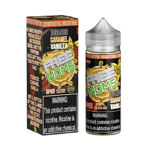 Free Noms 120ML bottle – Tobacco Caramel Vanilla blend in a chubby unicorn bottle with child-resistant cap