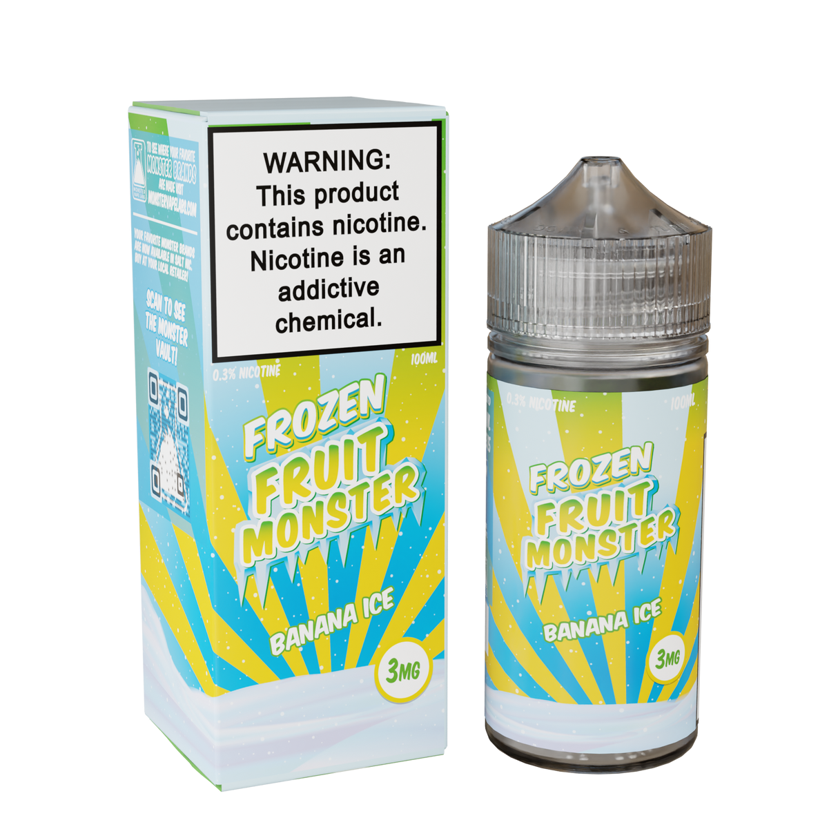 Frozen Fruit Monster Banana Ice 100mL e-liquid bottle featuring sweet banana and icy menthol fusion.