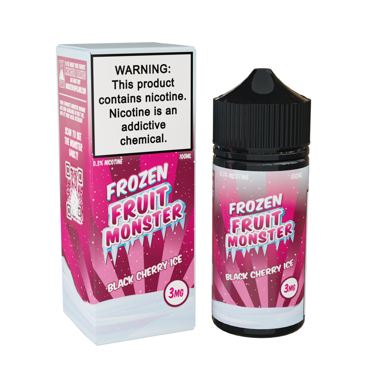 Frozen Fruit Monster Black Cherry Ice 100mL e-liquid bottle featuring sweet black cherries and icy menthol fusion.