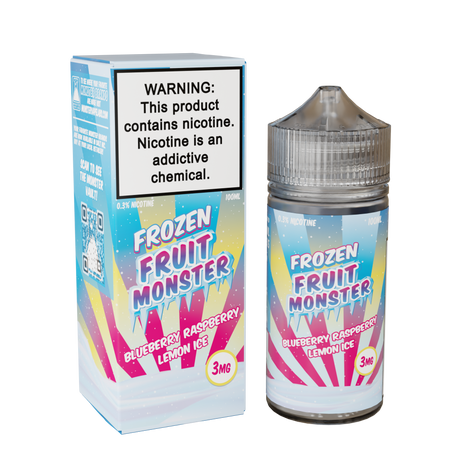 Frozen Fruit Monster Blueberry Raspberry Lemon Ice 100mL e-liquid bottle featuring blueberries, raspberries, lemons, and menthol fusion.