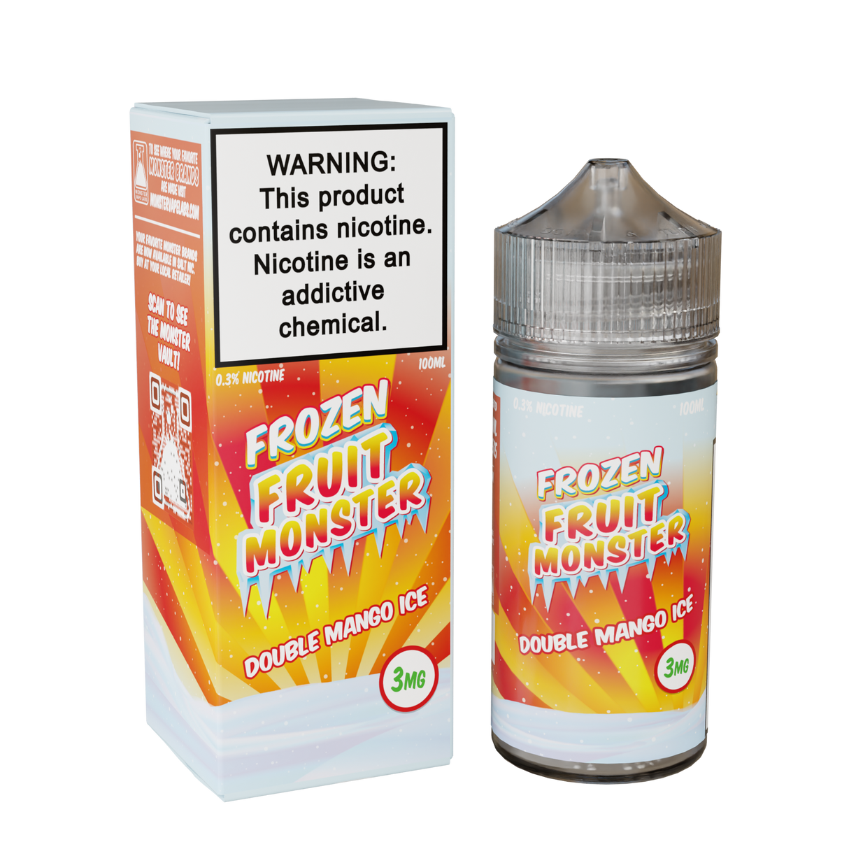 Frozen Fruit Monster Double Mango Ice 100mL e-liquid bottle featuring sweet mango and icy menthol fusion.