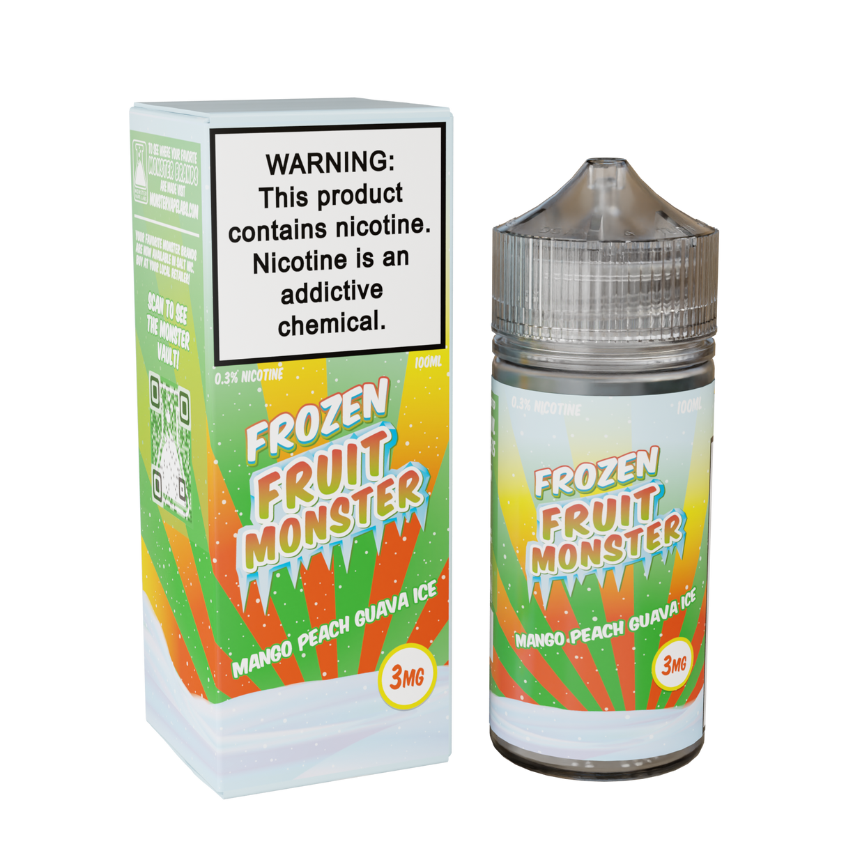 Frozen Fruit Monster Mango Peach Guava Ice 100mL e-liquid bottle featuring mango, peach, guava, and menthol fusion.