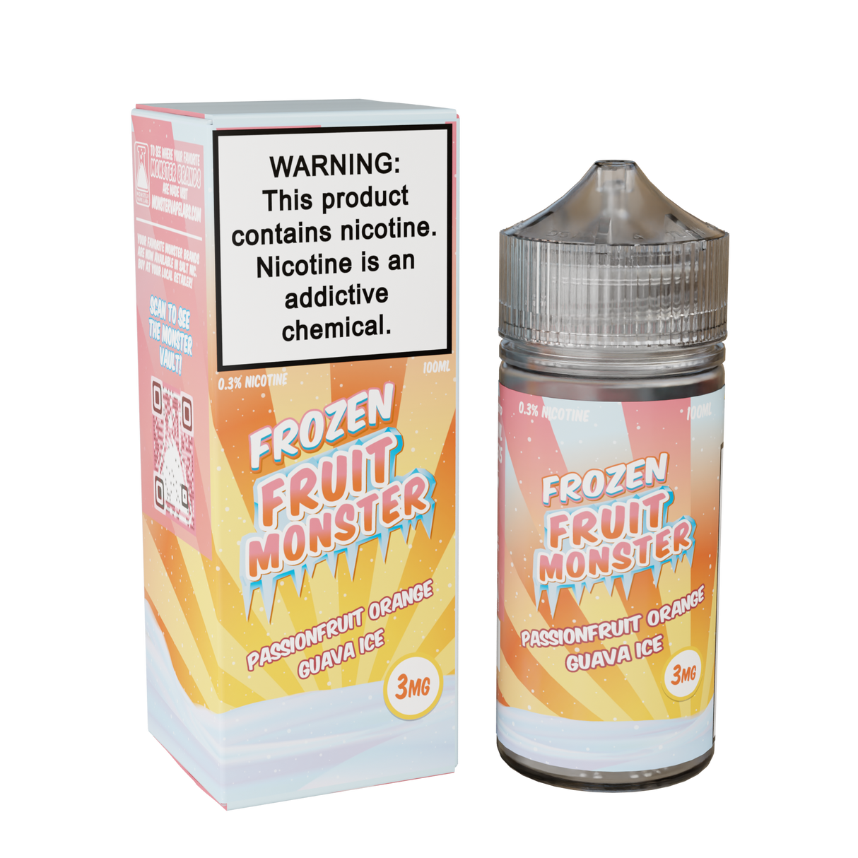 Frozen Fruit Monster Passionfruit Orange Guava Ice 100mL e-liquid bottle featuring passionfruit, orange, guava, and menthol fusion.