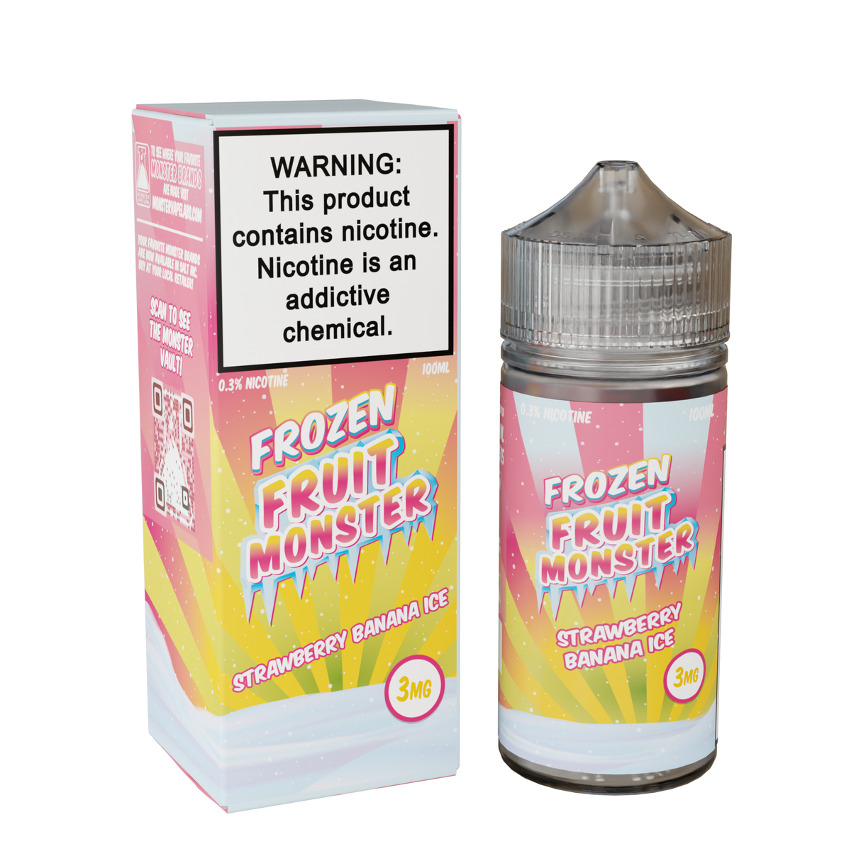 Frozen Fruit Monster Strawberry Banana Ice 100mL e-liquid bottle featuring strawberry, banana, and menthol fusion.