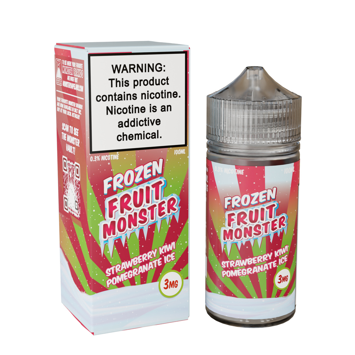 Frozen Fruit Monster Strawberry Kiwi Pomegranate Ice 100mL e-liquid bottle featuring strawberry, kiwi, pomegranate, and menthol fusion.
