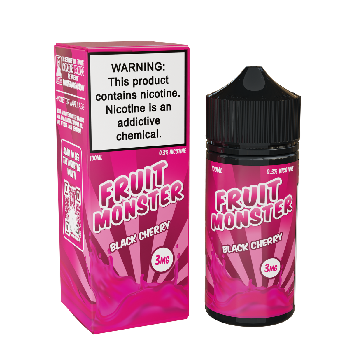 Fruit Monster Black Cherry E-Liquid featuring sweet black cherries in a 100mL unicorn bottle.