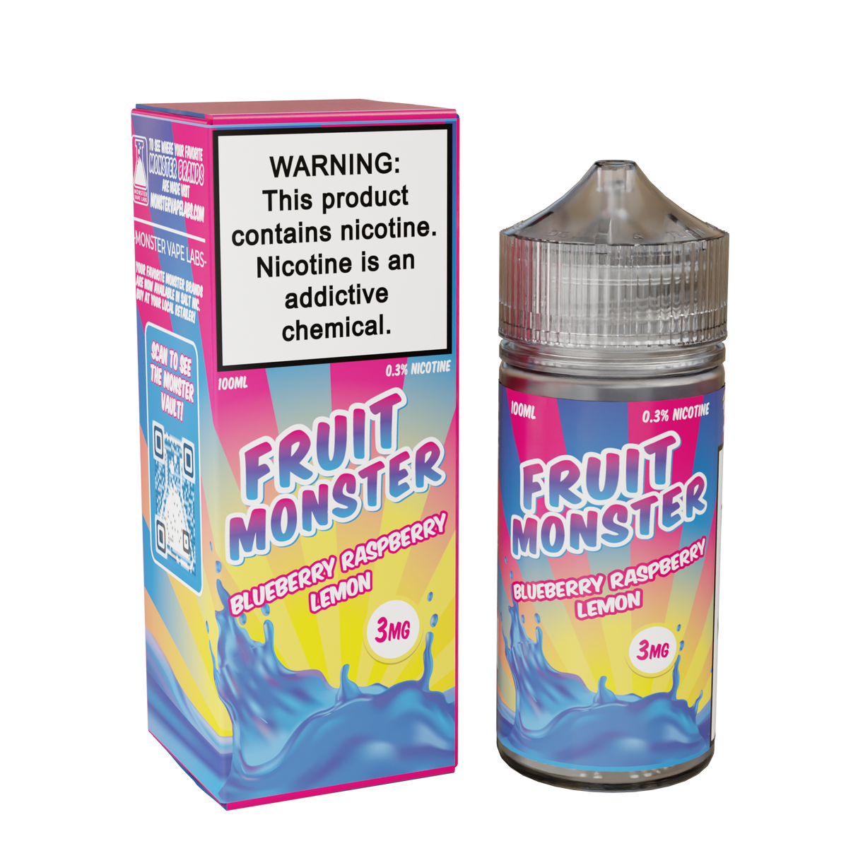 Fruit Monster Blueberry Raspberry Lemon E-Liquid featuring blueberries, raspberries, and lemon in a 100mL unicorn bottle.