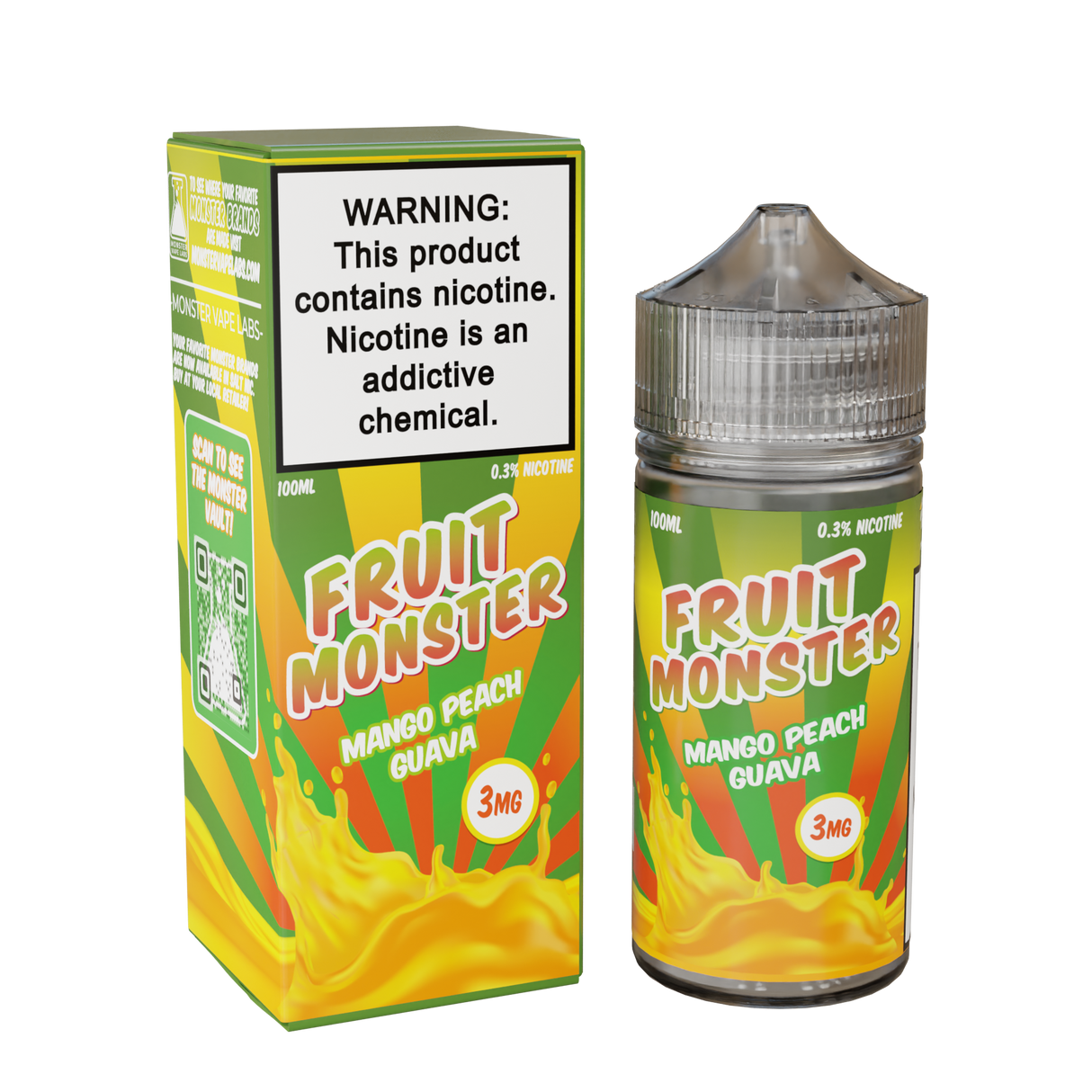 Fruit Monster Mango Peach Guava E-Liquid featuring mango, peach, and guava flavors in a 100mL unicorn bottle.