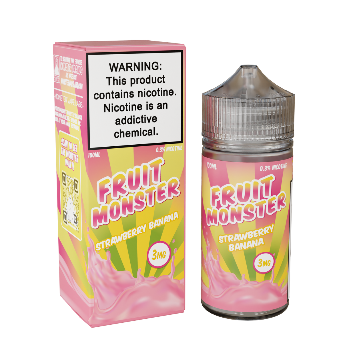 Fruit Monster Strawberry Banana E-Liquid featuring strawberries and bananas in a 100mL unicorn bottle.
