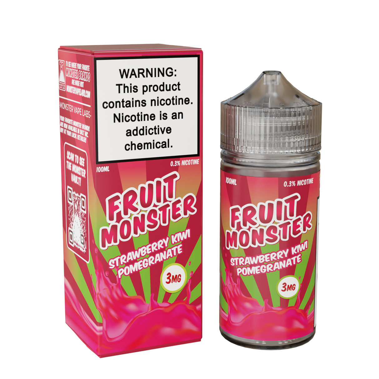 Fruit Monster Strawberry Kiwi Pomegranate E-Liquid featuring strawberries, kiwi, and pomegranate in a 100mL unicorn bottle.