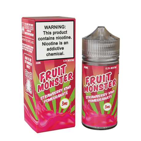 Fruit Monster Strawberry Kiwi Pomegranate E-Liquid featuring strawberries, kiwi, and pomegranate in a 100mL unicorn bottle.