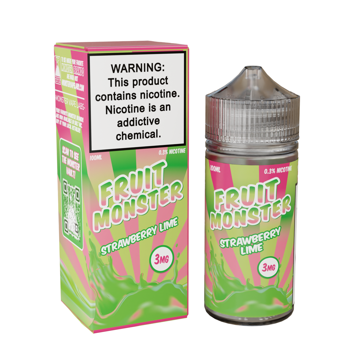 Fruit Monster Strawberry Lime E-Liquid featuring ripe strawberries and zesty lime in a 100mL unicorn bottle.