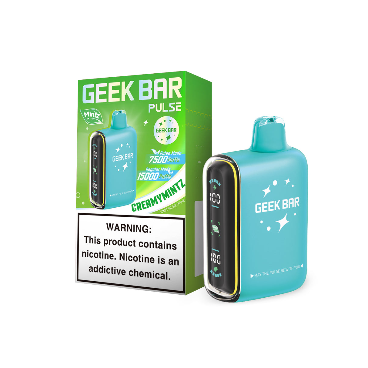 Geek Bar Pulse 15K Creamy Mintz Disposable Device with 15,000 Puffs and a velvety, creamy mint twist.