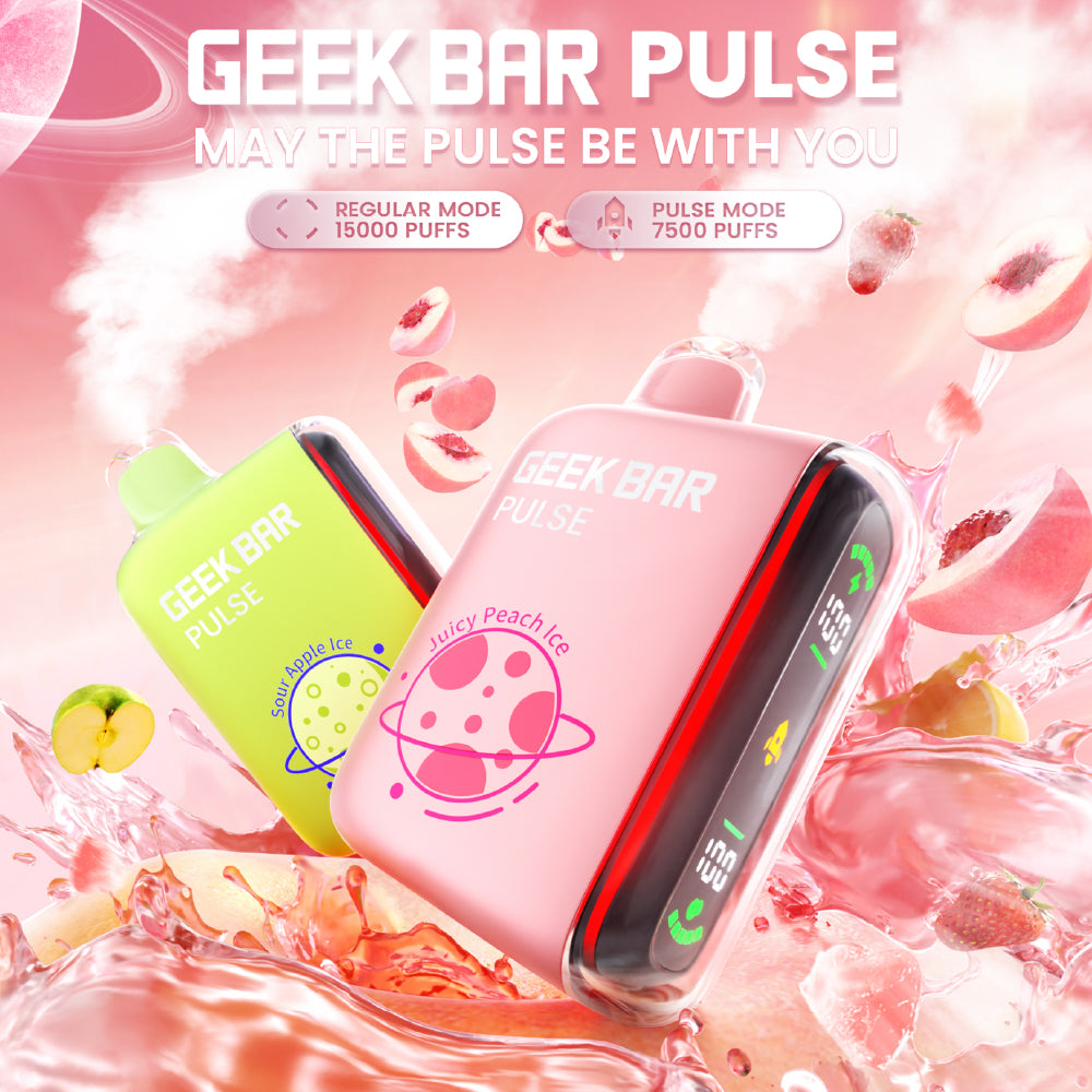 Geek Bar Pulse 15K Disposable Device with 15,000 puffs, dual power modes, and display screen.