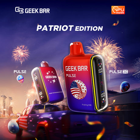 Geek Bar Pulse 15K Patriot Edition Disposable Device with American flag and fireworks display