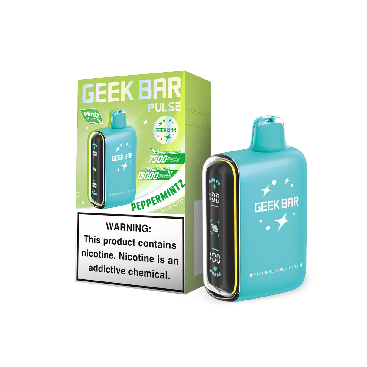 Geek Bar Pulse 15K Pepper Mintz Disposable Device with 15,000 Puffs and a refreshing peppery mint flavor.