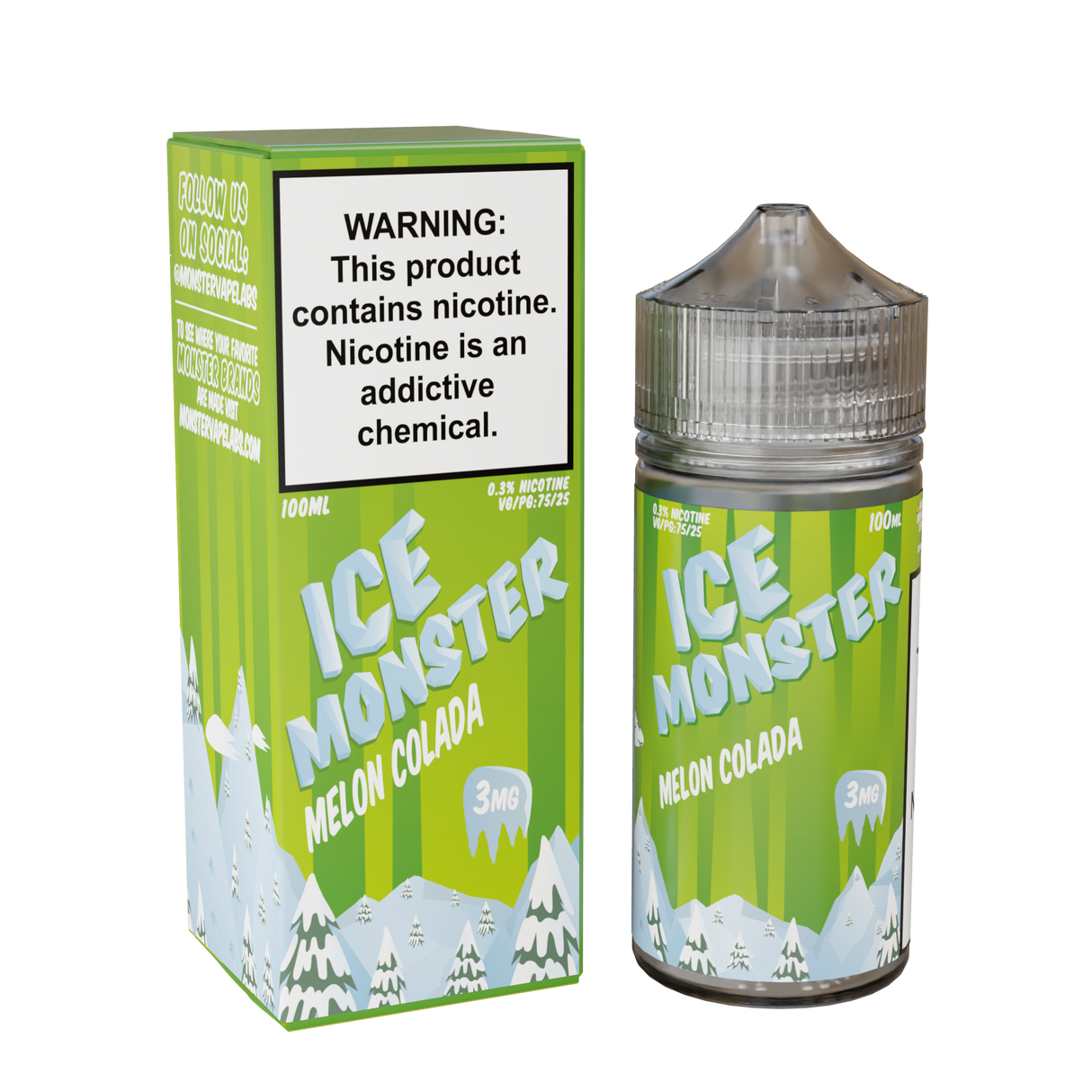 Ice Monster Melon Colada E-Liquid featuring tropical fruits, crisp melons, and menthol in a 100mL unicorn bottle.