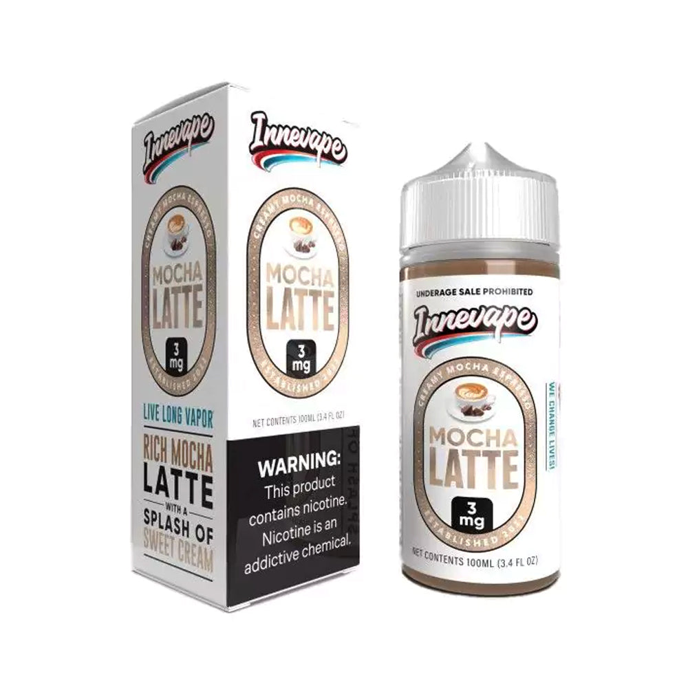 Product packaging for Innevape Mocha Latte e-liquid, featuring a 100ML bottle and a box with brand and product information.