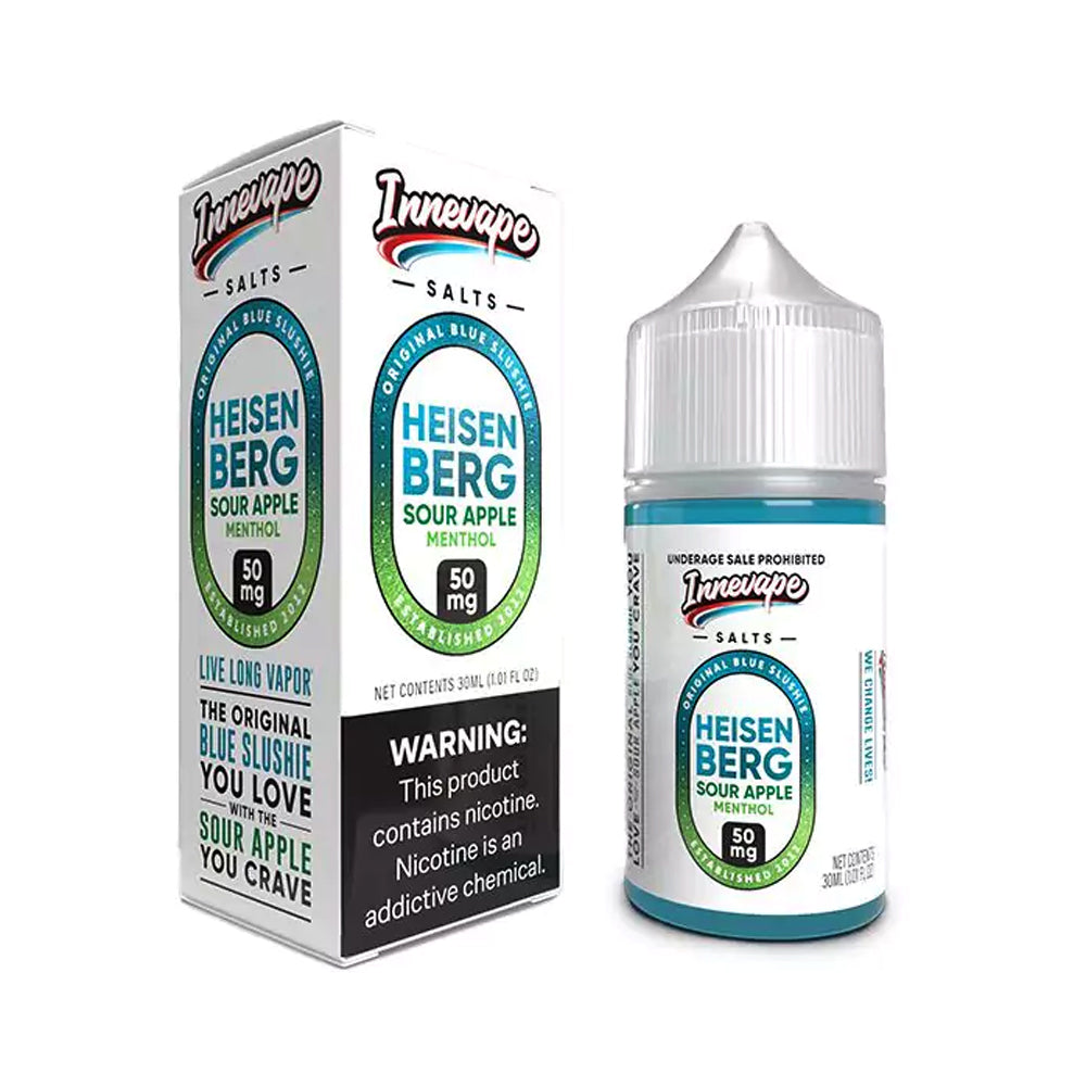 Innevape Salts Heisenberg Sour Apple Menthol 30mL E-Liquid featuring blue slushie flavor with tangy sour apple and a crisp menthol finish, crafted for pod systems.