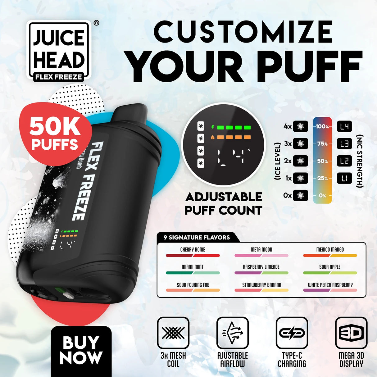 JUICE HEAD Flex Freeze 50K Disposable Device with Mega 3D display, triple mesh coils, and adjustable ice control
