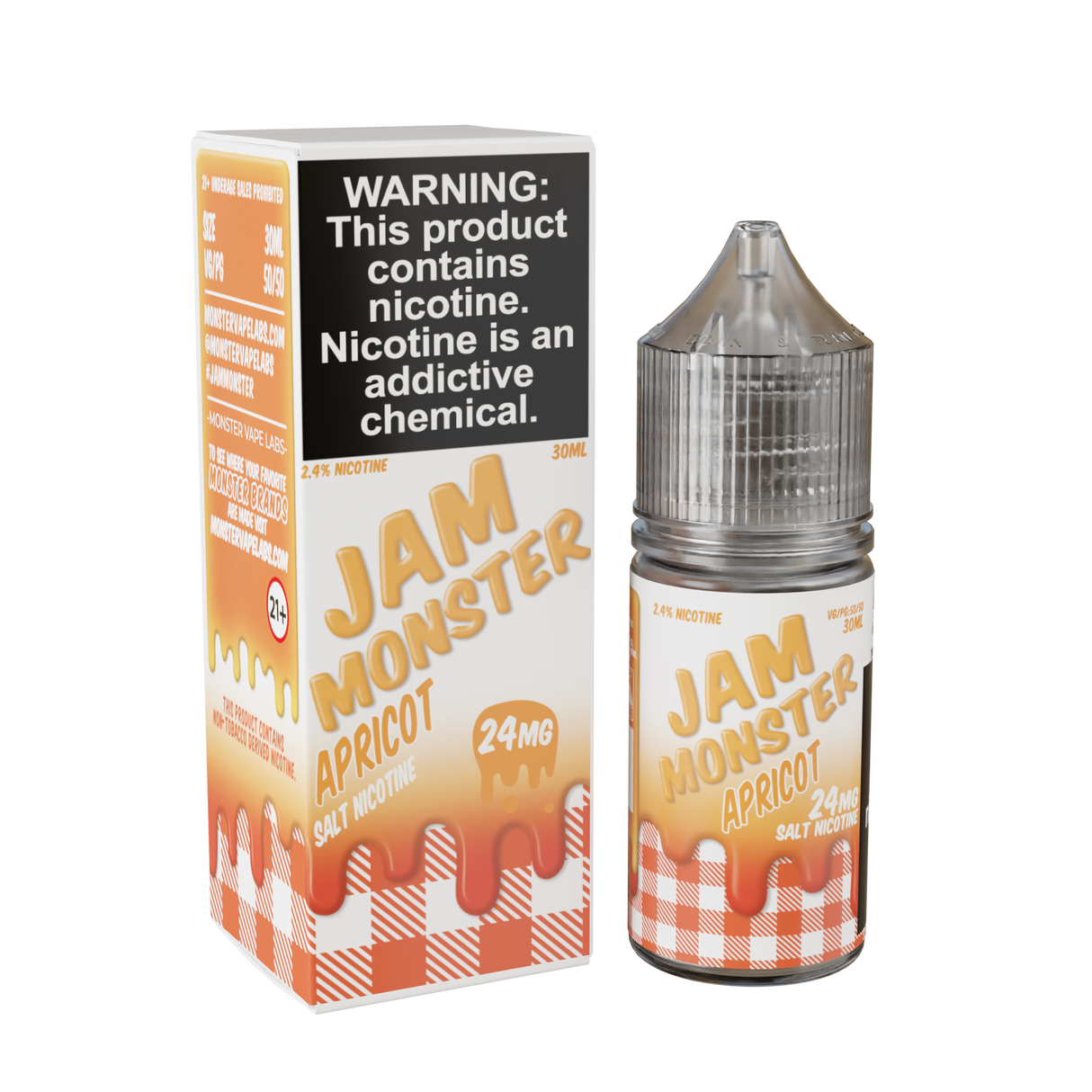 Jam Monster Salt – Apricot – 30mL nicotine salt e-liquid featuring sweet and tart apricot jam, buttery toast, and smooth flavor.