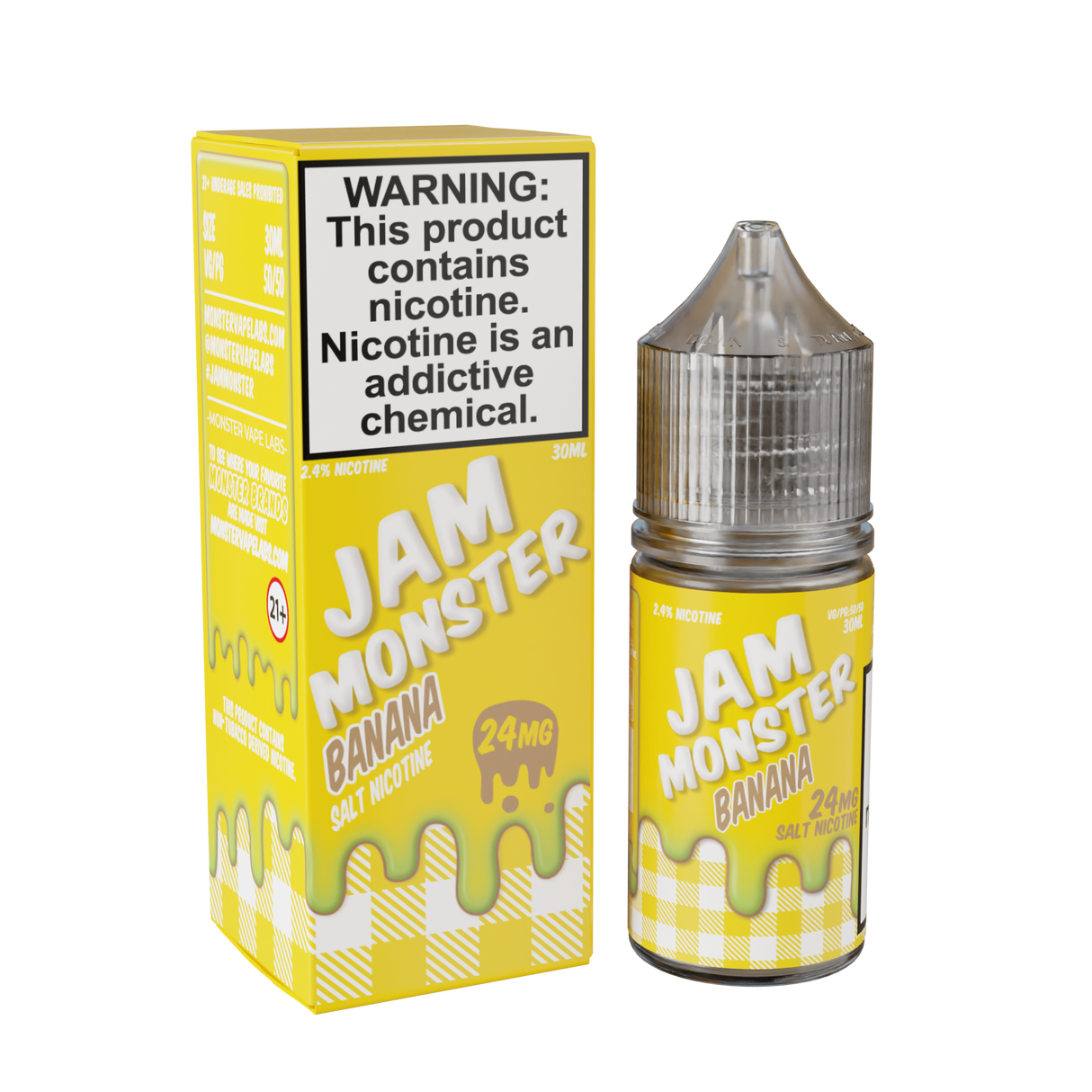 Jam Monster Salt – Banana – 30mL nicotine salt e-liquid featuring sweet banana jam, buttery toast, and a smooth, rich finish.
