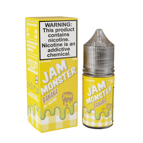 Jam Monster Salt – Banana – 30mL nicotine salt e-liquid featuring sweet banana jam, buttery toast, and a smooth, rich finish.