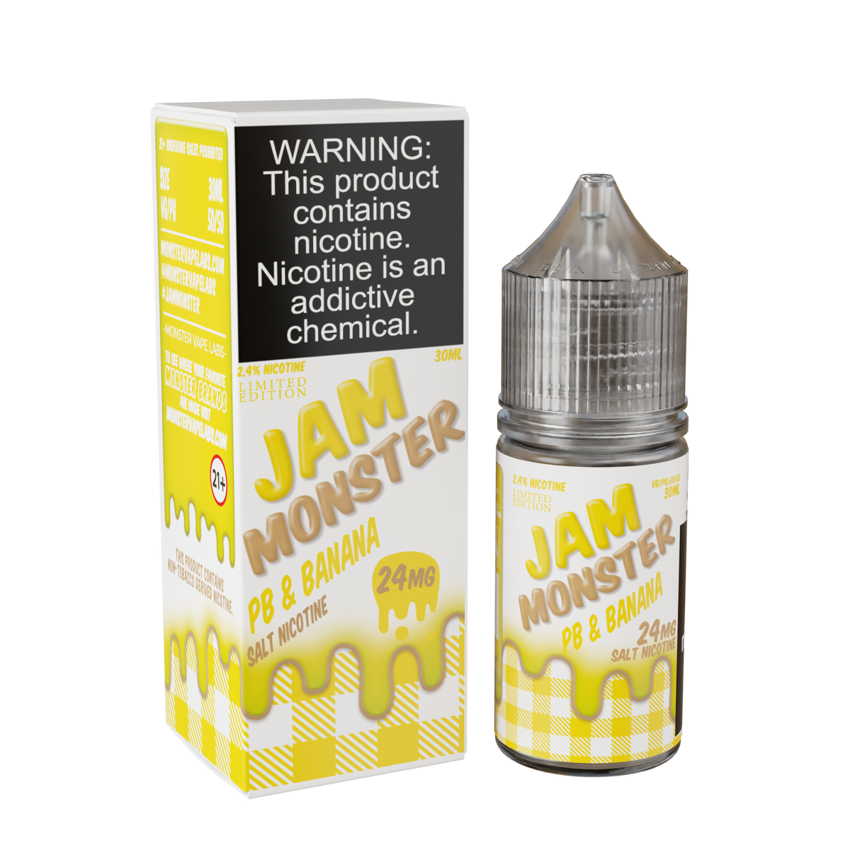 Jam Monster Salt – PB & Banana – 30mL nicotine salt e-liquid featuring creamy peanut butter and sweet banana jam for a smooth, rich vape.