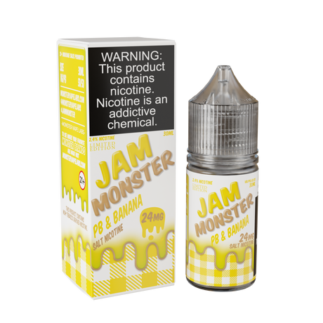 Jam Monster Salt – PB & Banana – 30mL nicotine salt e-liquid featuring creamy peanut butter and sweet banana jam for a smooth, rich vape.
