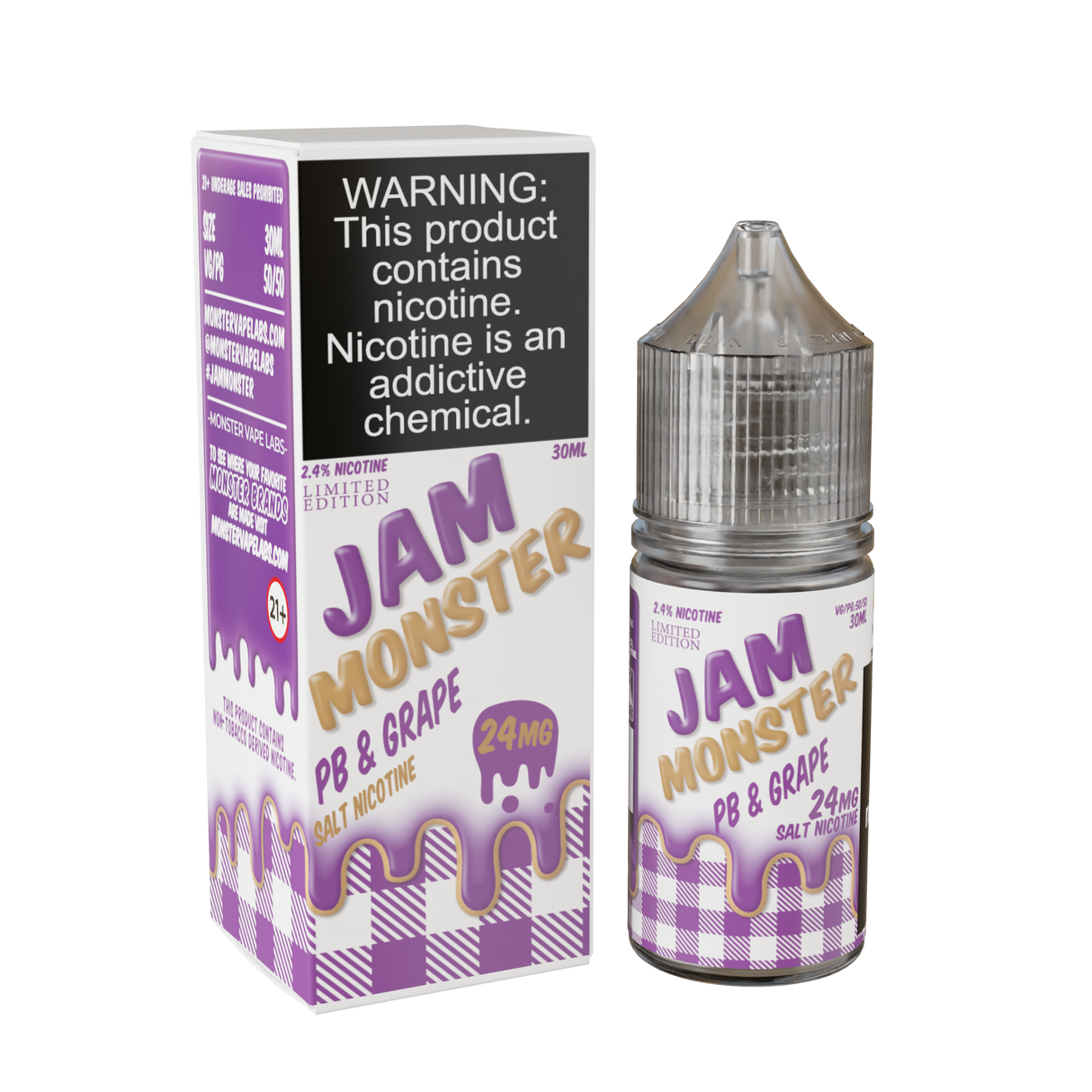 30mL Jam Monster Salt PB & Grape limited edition nicotine salt e-liquid bottle.